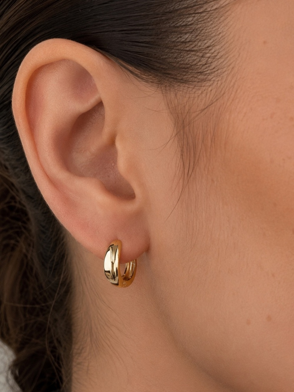 14K Gold Plated Concave Huggie Hoop Earrings | Small Minimalist Earrings - Picture 6 of 8